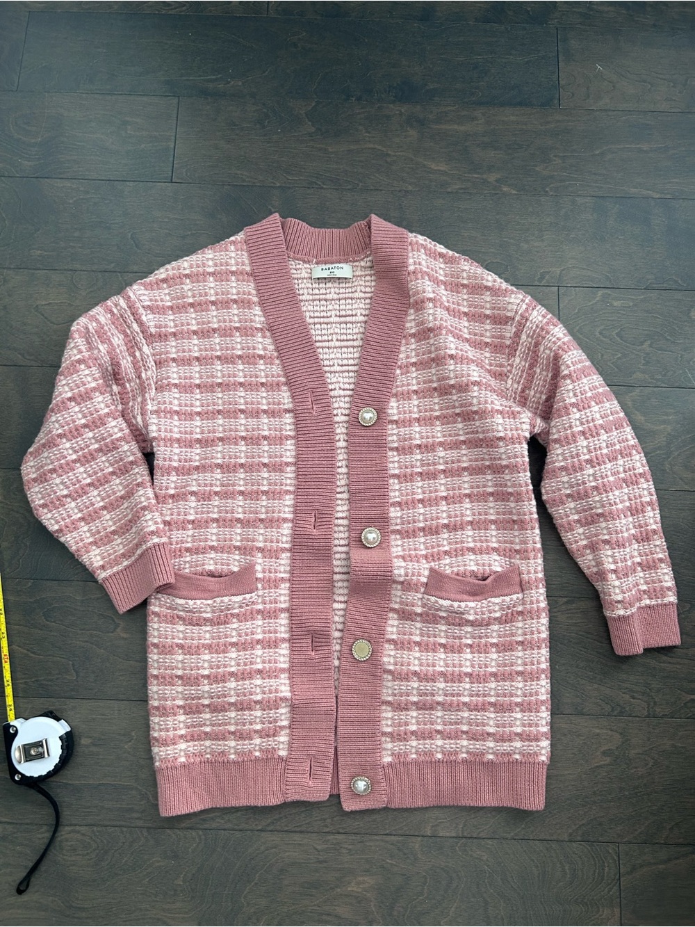 Babaton Pink Textured Button-Up Cardigan Sweater merino wool